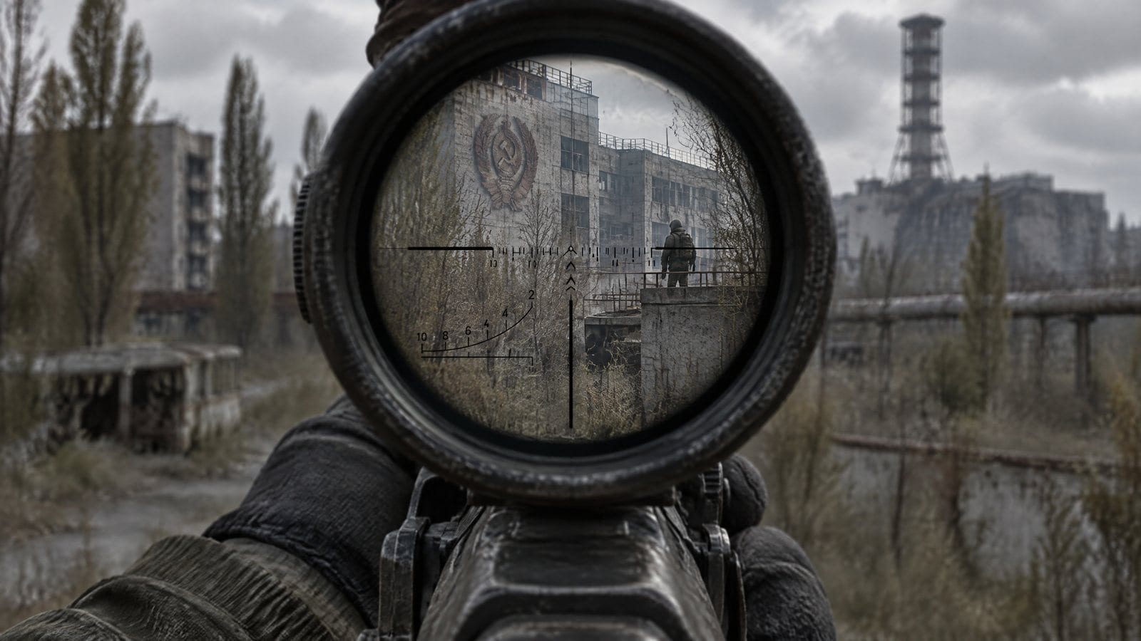 3D-прицел в Ганслингере Вид через оптический прицел на здание в Припяти — 3D-прицел в моде Ганслингер, иллюстрация