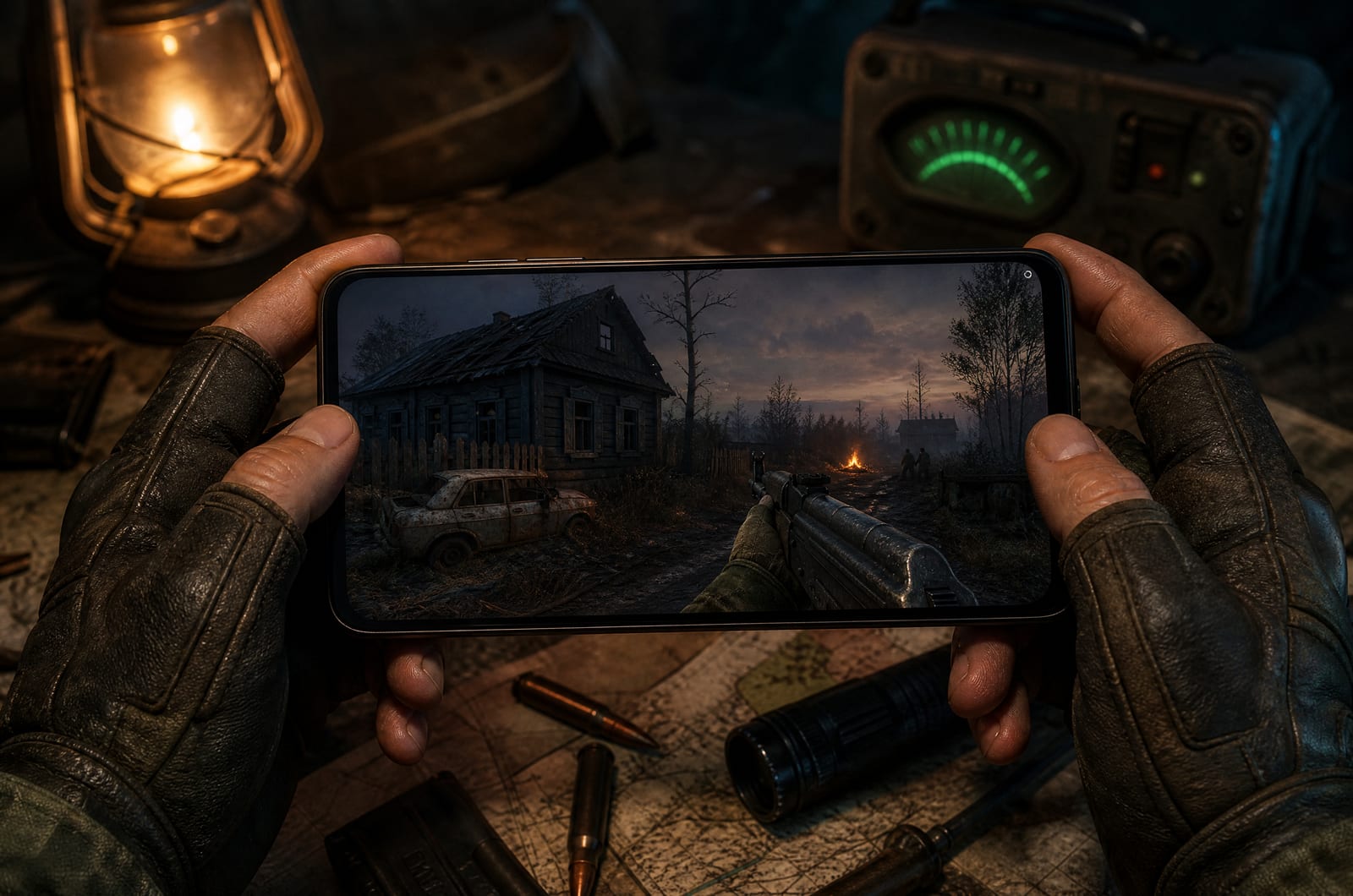 Оригинальная игра на экране телефона Сталкер Тень Чернобыля на экране Android-смартфона в руках игрока
