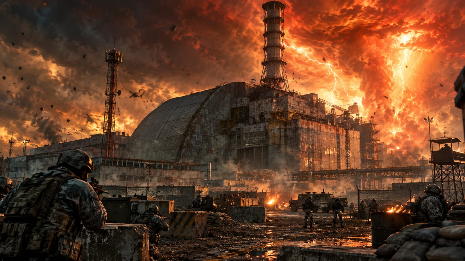 ЧАЭС во время выброса: саркофаг под кроваво-красным небом
